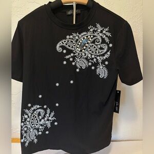 NWT On 12th Black Embroidered Paisley Pearl Sequin Top Short Sleeve‎ S